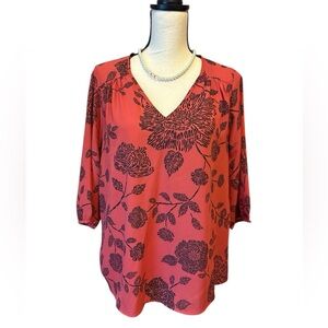 Renee C. Coral Floral V-Neck Blouse